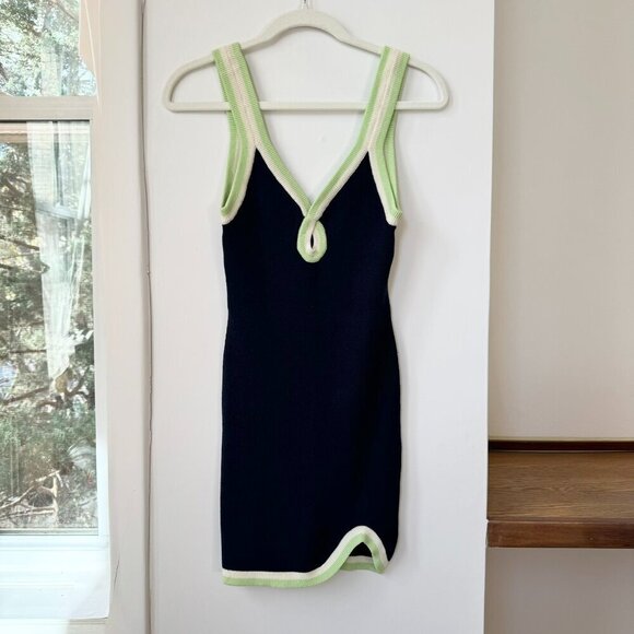 New Free People FP Beach Blair Sweater Knit Mini Dress White Navy Green XS - Picture 1 of 4